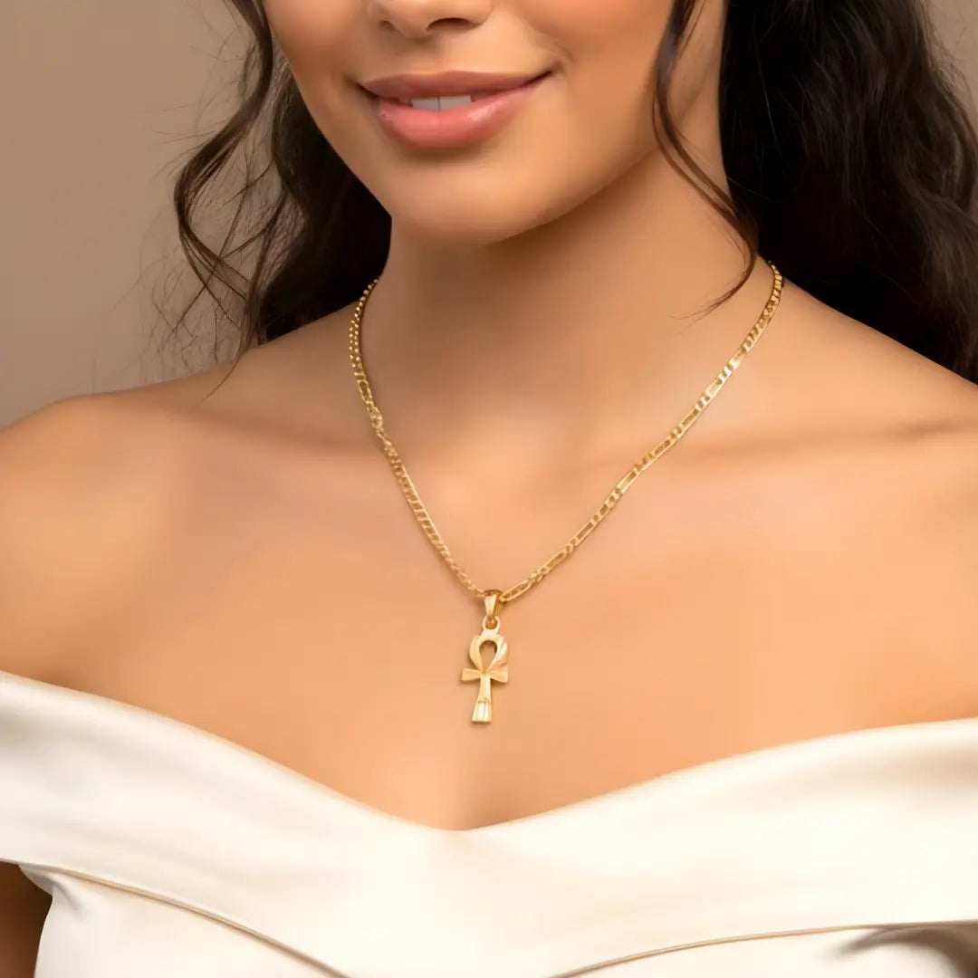 18K Gold Filled Egyptian Ankh Key of Life Pendant Necklace – Diamond-Cut Figaro Chain Necklace for Men & Women